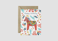 Card: Happy Birthday Red Dala Horse with Swedish Flowers 