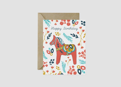 Card: Happy Birthday Red Dala Horse with Swedish Flowers "Kurbits"—a 4.25x5.5 in blank Swedish birthday card featuring folk art floral design, includes a brown envelope.