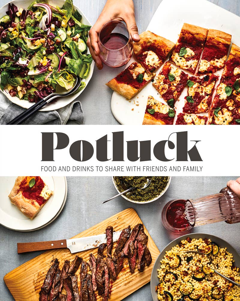 A table set with salad, gluten-free pizza, a slice of bread, sliced steak on a cutting board, and a bowl of couscous. A hand pours wine into a glass. The text reads "Book: Potluck.