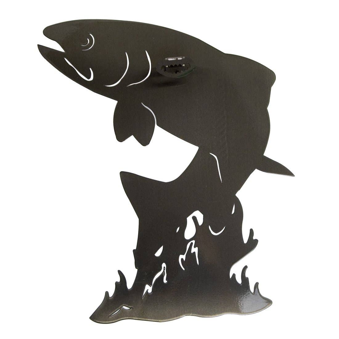 The Jumping Trout Wall Art features a silhouette of a trout leaping from stylized waves, crafted from black metal as an elegant laser-cut steel piece. It's an ideal addition for infusing any space with the charm of outdoor artwork.