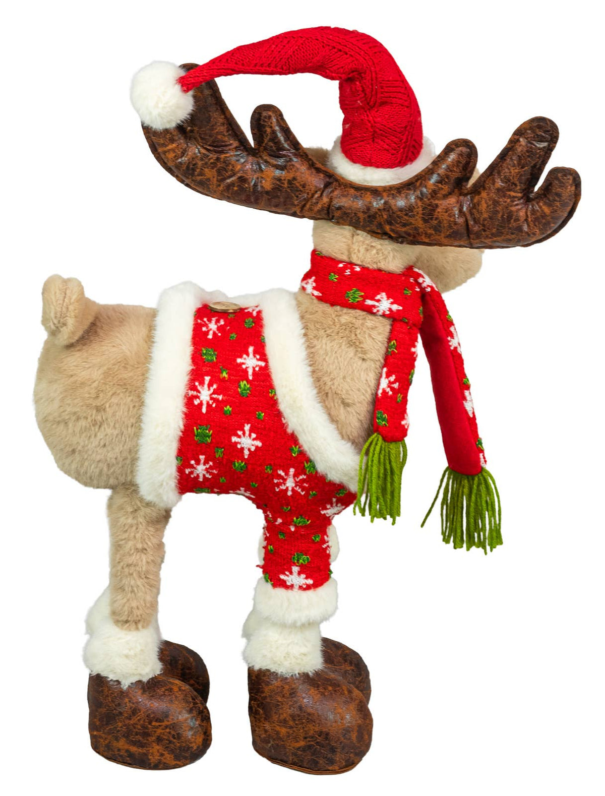 Side view of a plush moose wearing a red Santa hat, patterned sweater, green scarf, and brown boots, styled with Nordic holiday details.