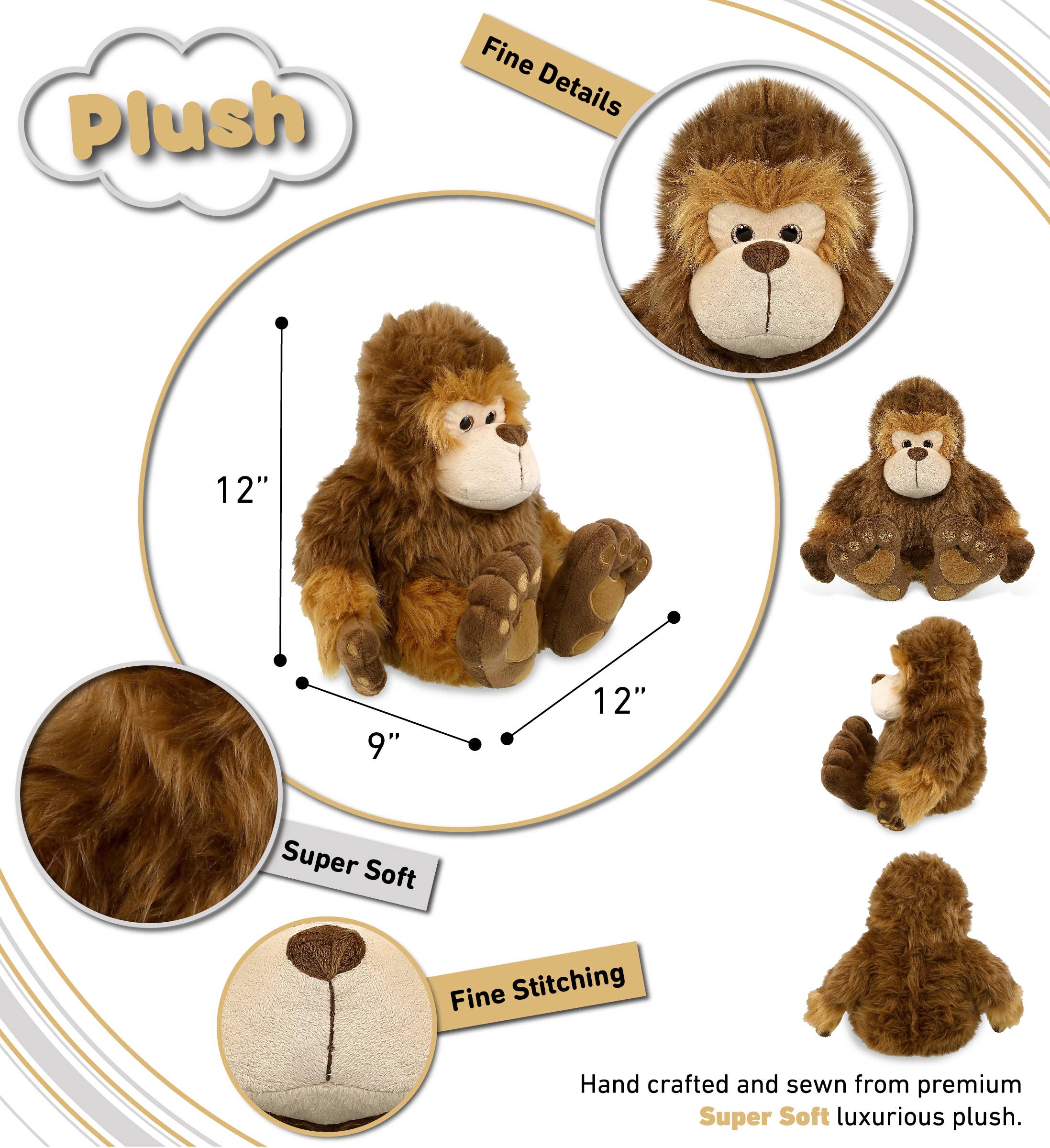 The Plush: Super-Soft Big Foot Stuffed Plush (12x12x9 in) is shown from multiple angles with close-ups of its soft fur, fine stitching, and detailed face—handcrafted quality makes it a charming cryptid plush for collectors.