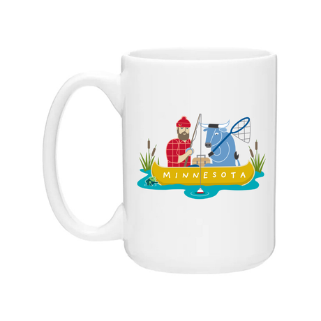 The Coffee Mug: Fishing Paul Bunyan + Babe - Minnesota features Cindy Lindgren's artwork of Paul Bunyan fishing with his blue ox, cattails, and a yellow "Minnesota" banner.