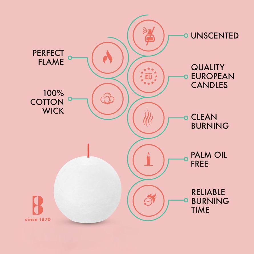Infographic featuring the Candle: Rusty Pink Rustic 3" Ball Candle—unscented, white, 100% cotton wick, clean-burning plant-based wax, even flame, reliable burn time, palm oil free, quality European craftsmanship.