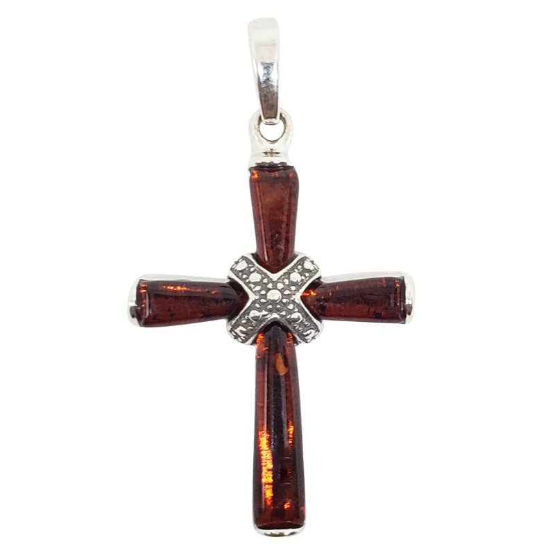 The Cherry Amber Sterling Silver Cross Pendant features a decorative center and a loop for a chain connection, made from .925 sterling silver and genuine Baltic amber.