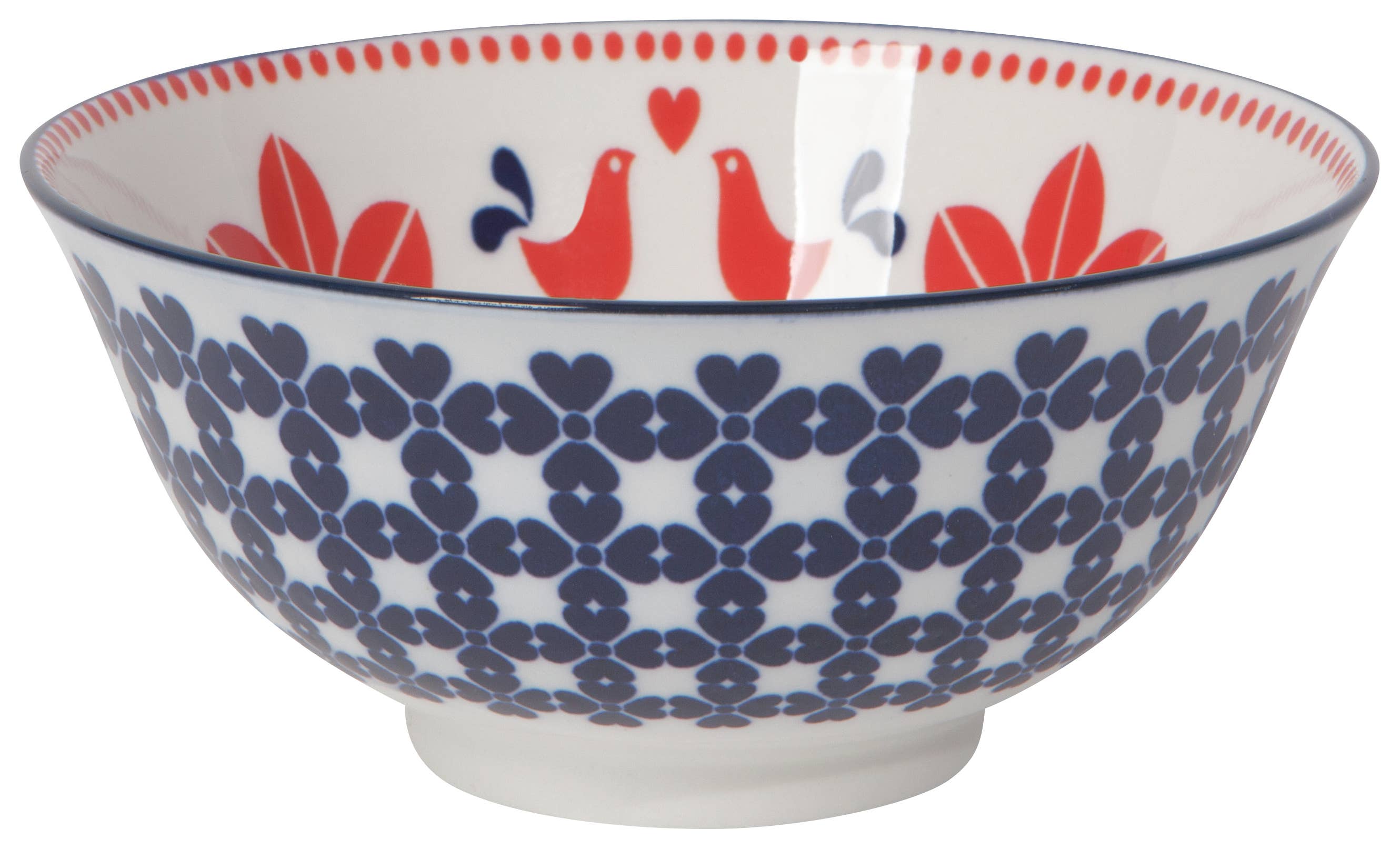 The Navy Bird Stamped Bowl 6 inch exudes a charming cottage chic aesthetic with its decorative ceramic design, featuring blue geometric patterns and red birds on a porcelain white background.