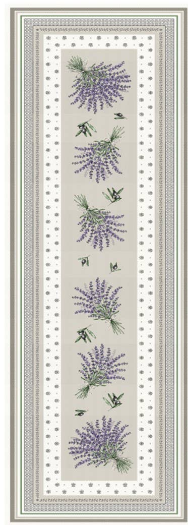 Long rectangular table runner with jacquard weave, decorated with lavender flower clusters and green leaves, bordered by neutral-toned patterned stripes.