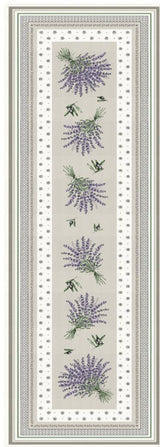 Long rectangular table runner with jacquard weave, decorated with lavender flower clusters and green leaves, bordered by neutral-toned patterned stripes.