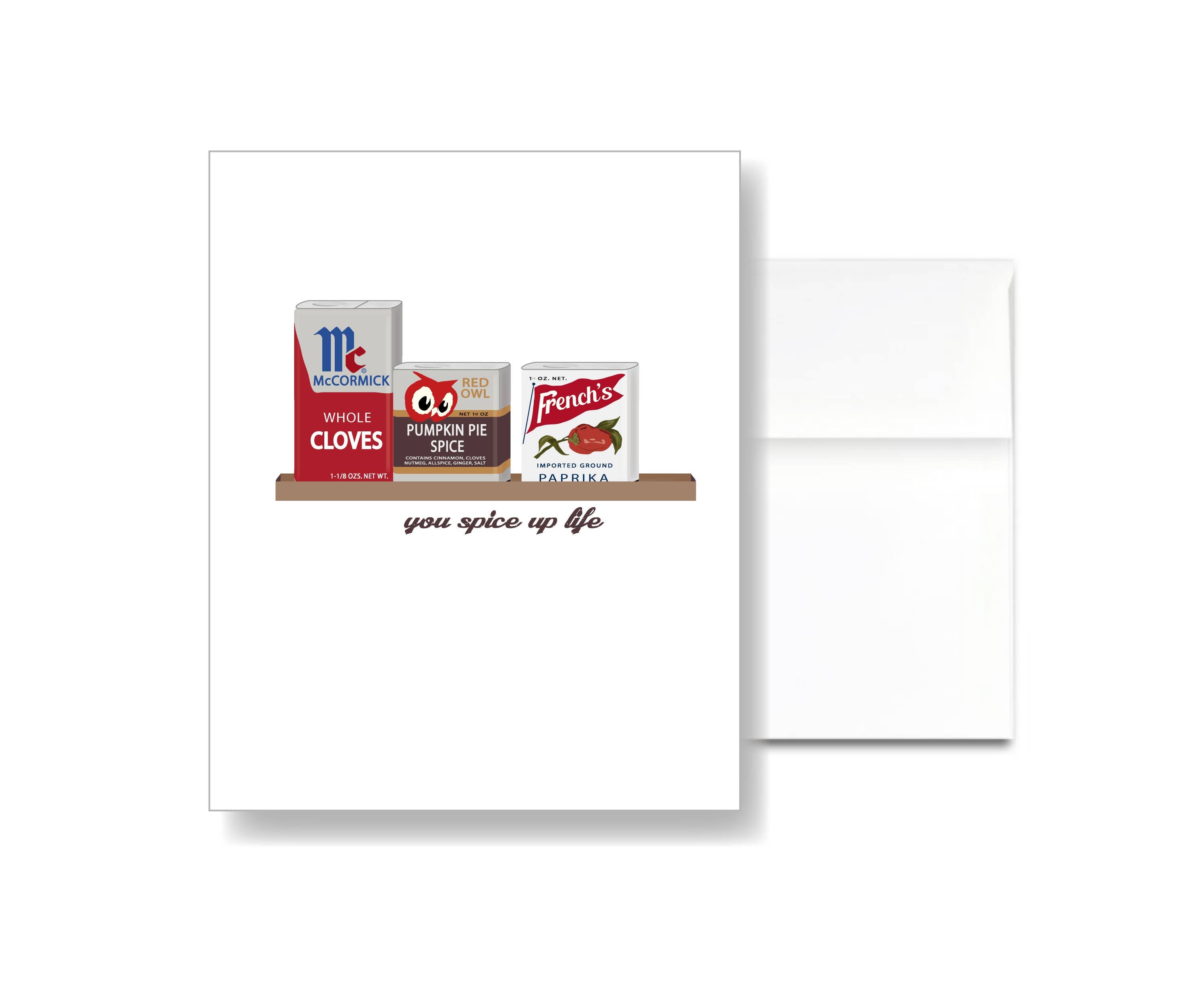 Illustration of whole cloves, pumpkin pie spice, and paprika on a shelf above “you spice up life,” with a white envelope—perfect as the Card: Spices, you spice up life Card for vintage or cozy spice greetings.