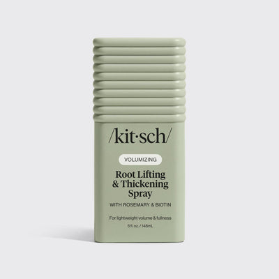 A green rectangular bottle of Kitsch Hair: Root Lifting & Thickening Spray, 5 fl oz, stands upright on a plain background.