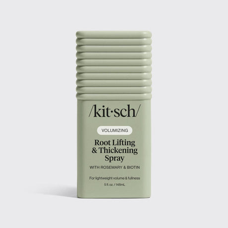 A green rectangular bottle of Kitsch Hair: Root Lifting & Thickening Spray, 5 fl oz, stands upright on a plain background.