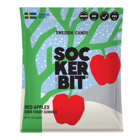 A bag of red apple-shaped vegan sour gummy candy featuring a tree illustration and a Swedish flag.