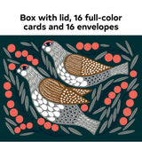 Illustration of two birds amid red berries and leaves, with text: Cards: Marimekko Kukka Notecards 5x7—boxed set includes 16 full-color cards and envelopes.