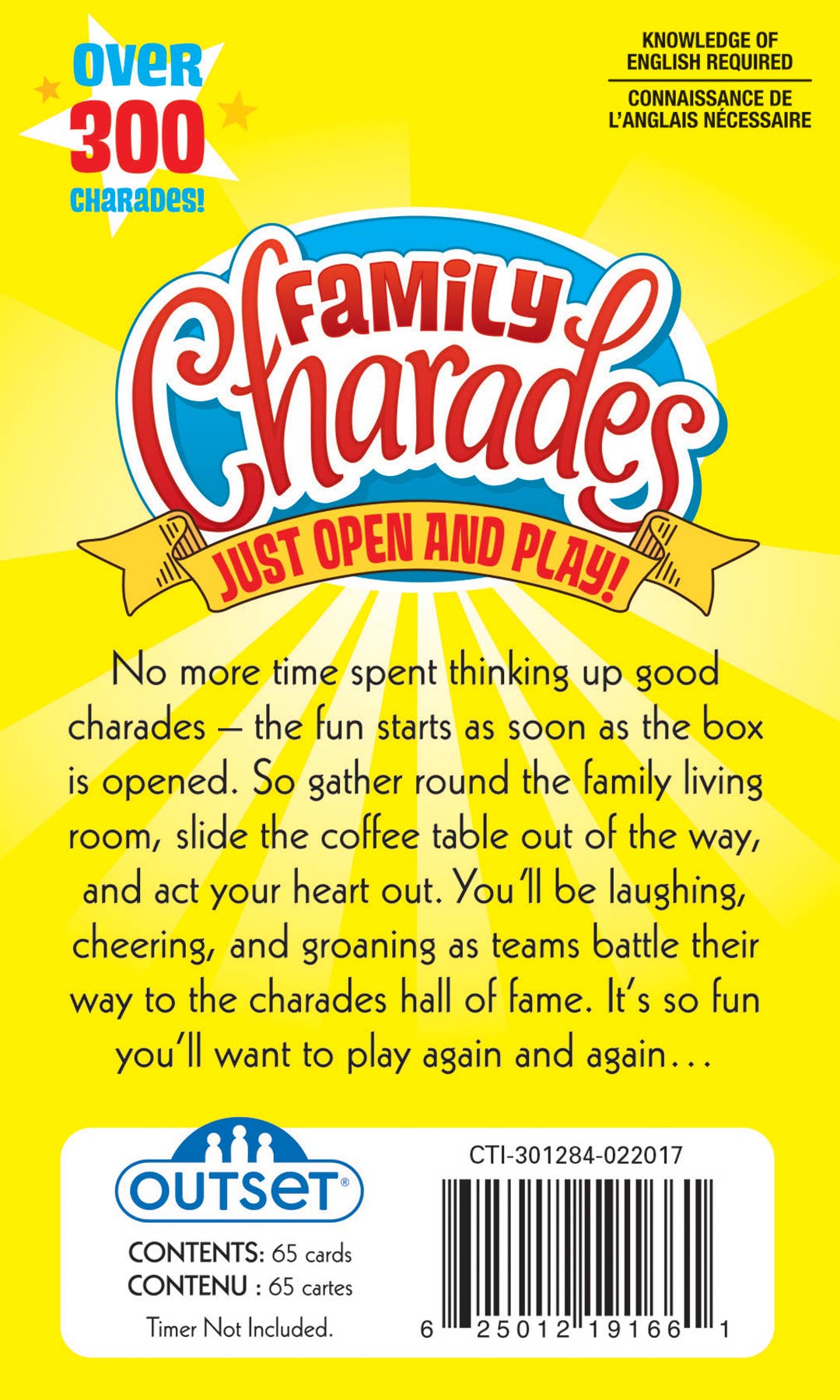 The travel-sized Playing Cards: Family Charades Card Game features vibrant text and offers more than 300 charades for endless fun. Simply open the box and play! Ideal for any gathering, it comes with a game description and 65 colorful cards. Please note, a timer is not included.