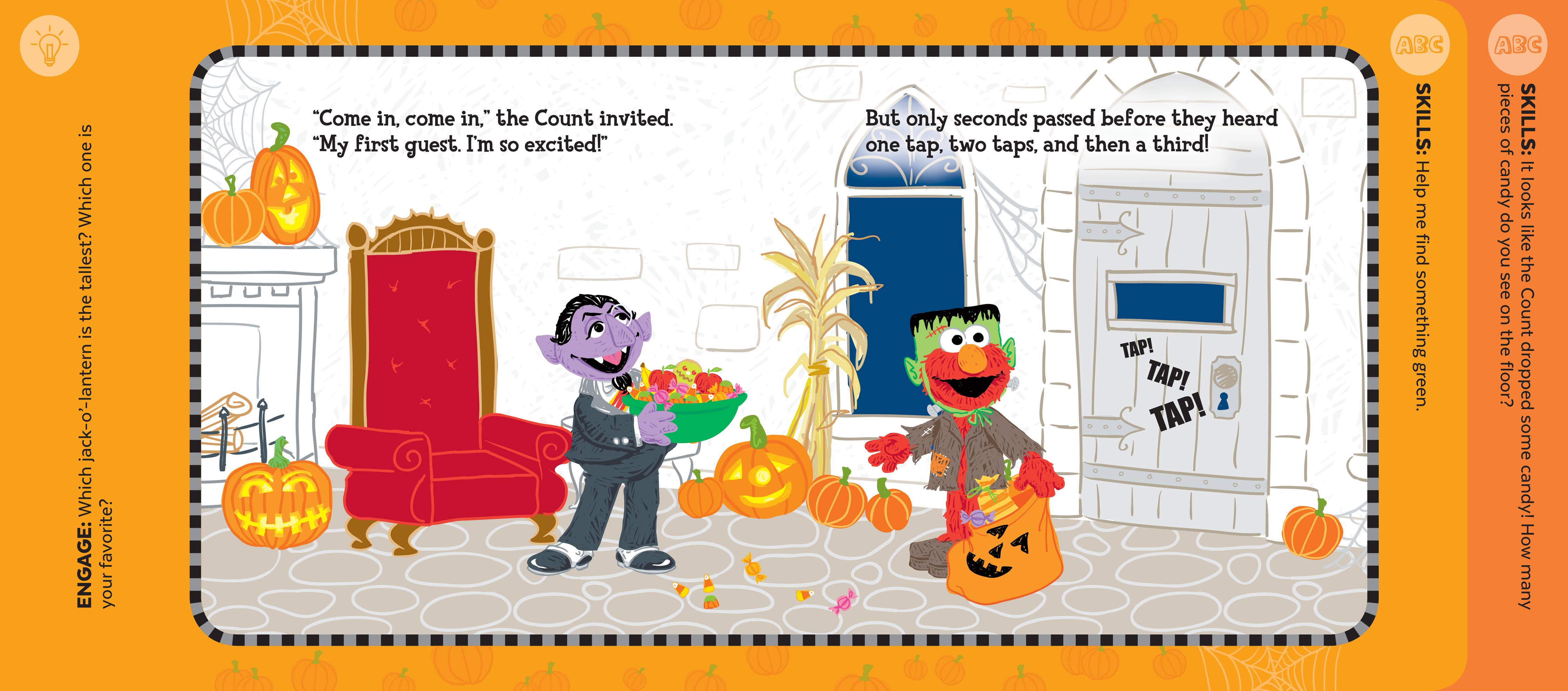 In the book "Sesame Street Happy Halloween!", the Count greets Elmo in a pumpkin costume with candy, surrounded by pumpkins and festive fall decorations in a cheerful Halloween scene.