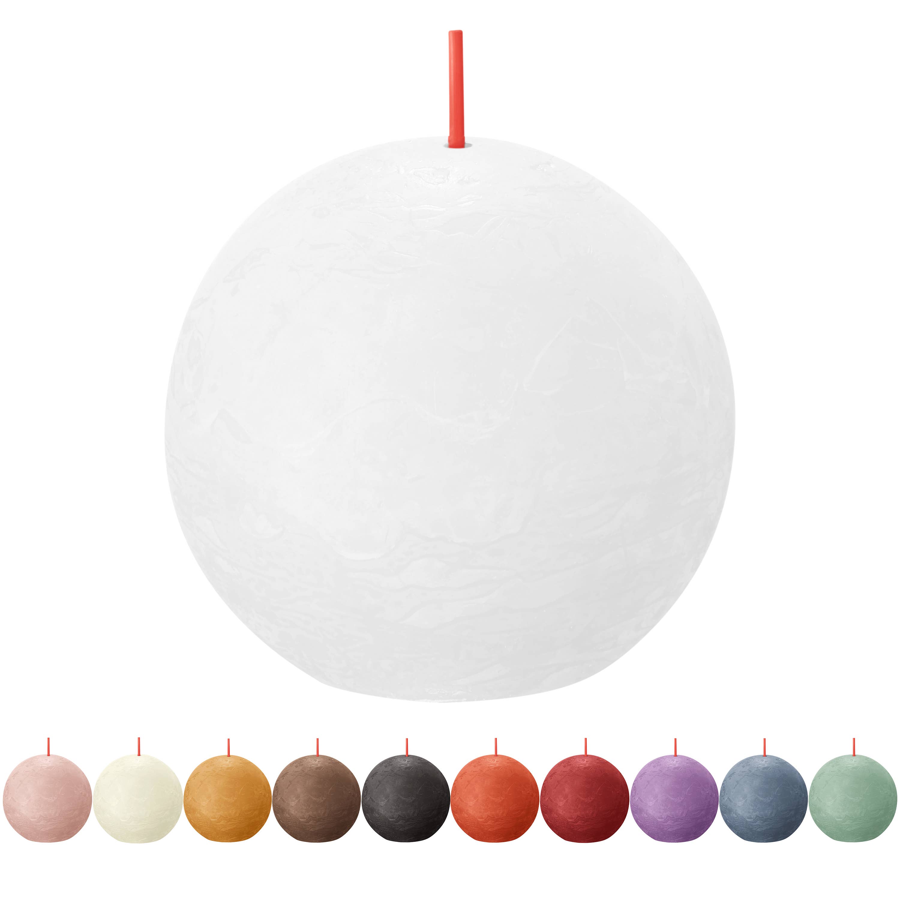 A large white spherical candle with a red wick is positioned above a row of ten Ash Rose Rustic 3" ball candles. These unscented and naturally colored rustic candles are crafted from eco-friendly, plant-based wax, each complemented by a striking red wick.