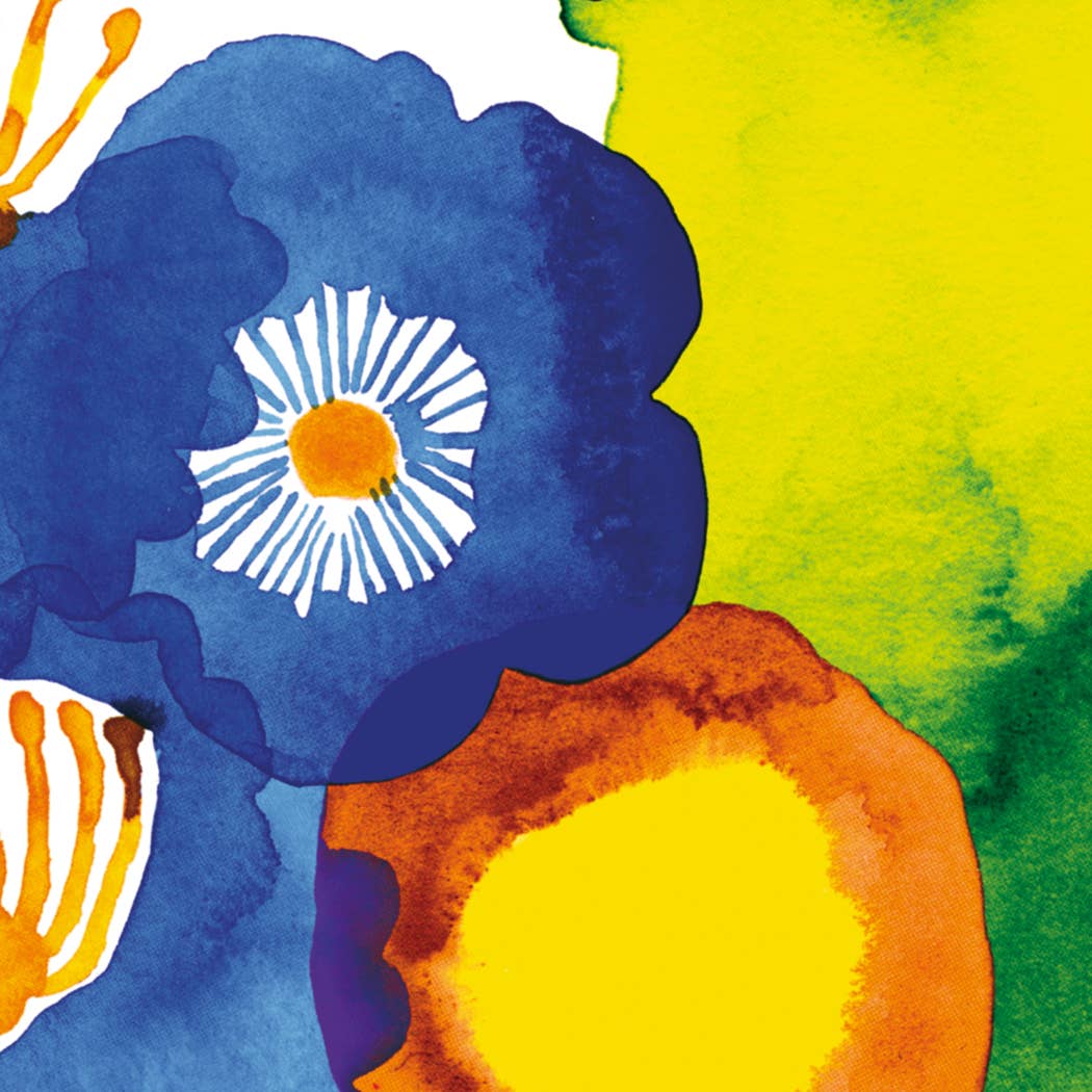 Add vibrant style to your table with Marimekko Juhannustaika Paper Lunch Napkins (20 count), featuring large blue and orange flowers on a green and yellow background. These German-printed, 3-ply napkins are perfect for non-toxic, stylish settings.