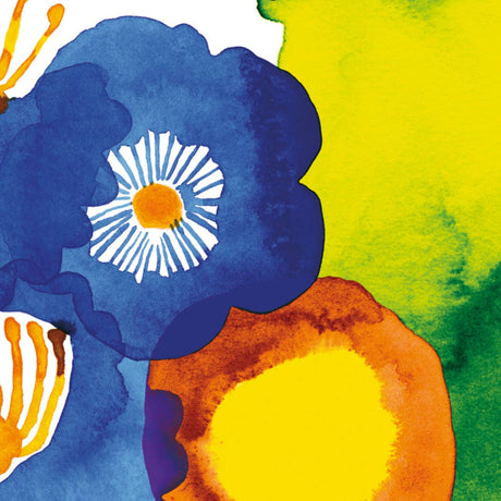 Add vibrant style to your table with Marimekko Juhannustaika Paper Lunch Napkins (20 count), featuring large blue and orange flowers on a green and yellow background. These German-printed, 3-ply napkins are perfect for non-toxic, stylish settings.
