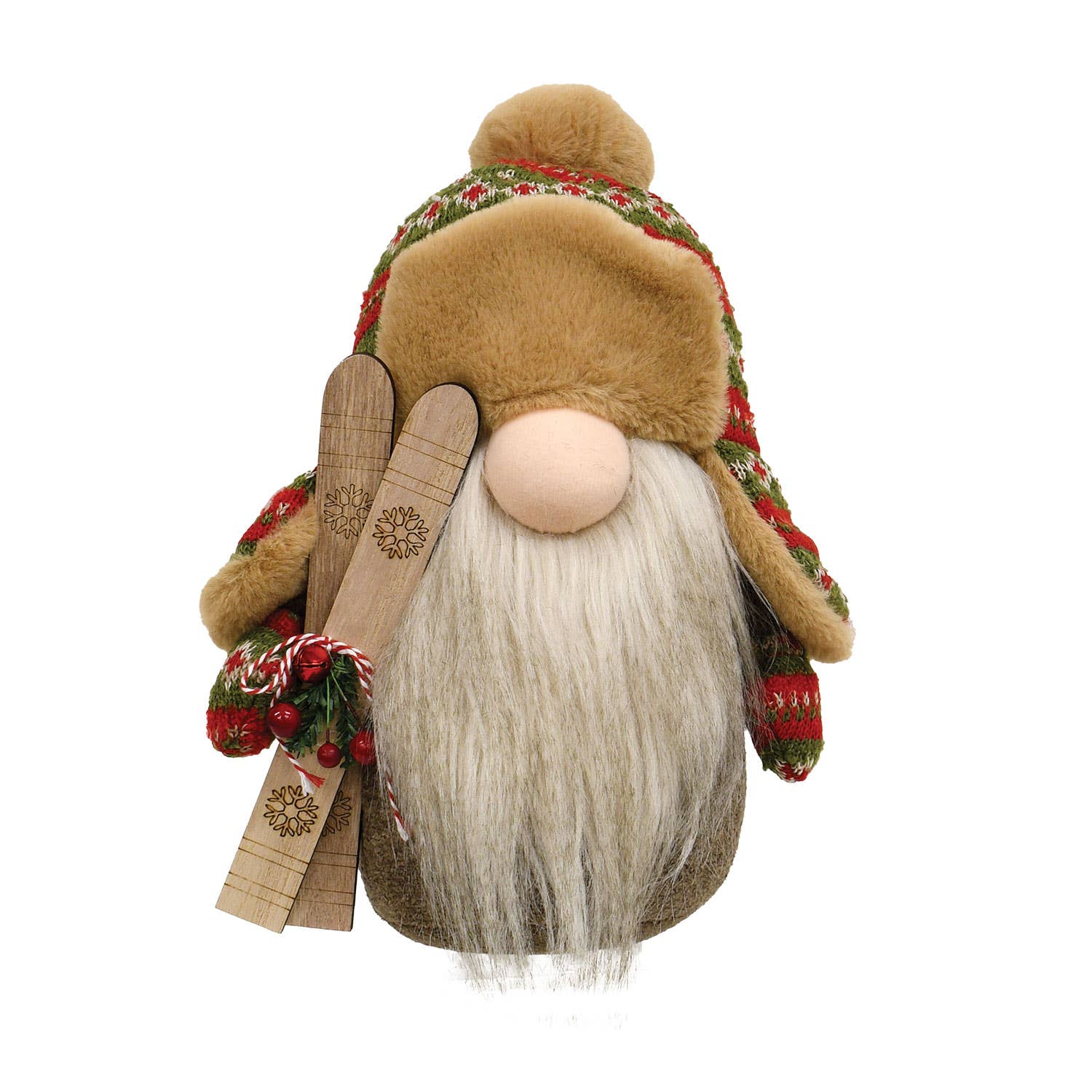 The Gnome: Nordic Knit Tomte - Nisse - Gnome with Skis 13" Tall features a plush figure with a long white beard, patterned winter hat, and wooden skis accented by snowflakes and red berries—an ideal Christmas holiday decoration.