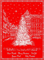 The Holiday European Village Woven Jacquard Tea Towel (20 x 28) features a festive town square Christmas tree scene with stars and Merry Christmas in multiple languages on red woven cotton.