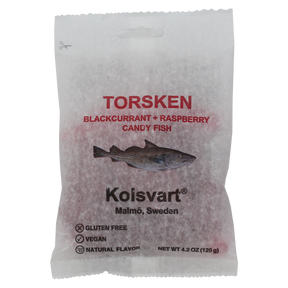 Enjoy Kolsvarts Blackcurrant & Raspberry Fish candy from Sweden, a 120g (4.2 oz) bag of vegan, gluten-free delights made with natural flavors, perfect for satisfying your cravings.