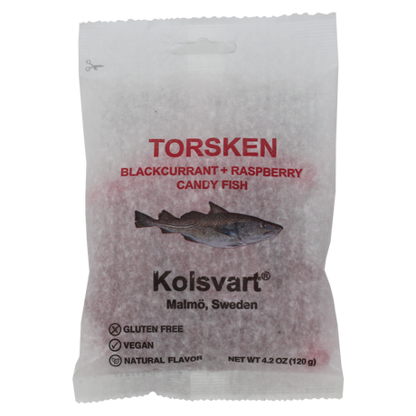 Enjoy Kolsvarts Blackcurrant & Raspberry Fish candy from Sweden, a 120g (4.2 oz) bag of vegan, gluten-free delights made with natural flavors, perfect for satisfying your cravings.