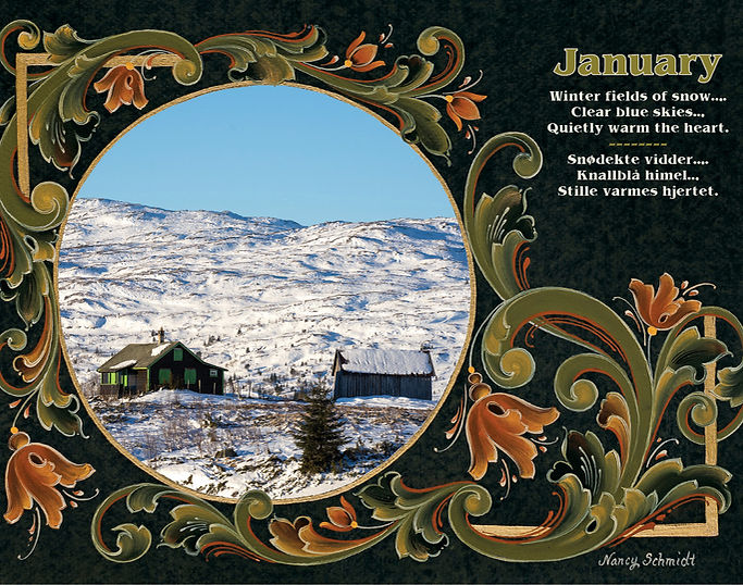 The January page of the 2025 Visions & Verse - Norway Calendar features a snowy landscape with a cabin and barn under a blue sky. A floral border enhances the serene beauty of Vikingland, Norway.