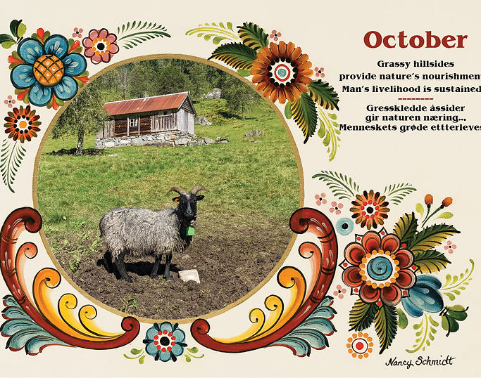 A goat on a grassy hillside with a cabin in the background resembles a serene scene from Vikingland, Norway. Decorative floral borders frame the image, similar to those in the Calendar: Visions & Verse - Norway Calendar 2025, with text on natures nourishment and livelihood.