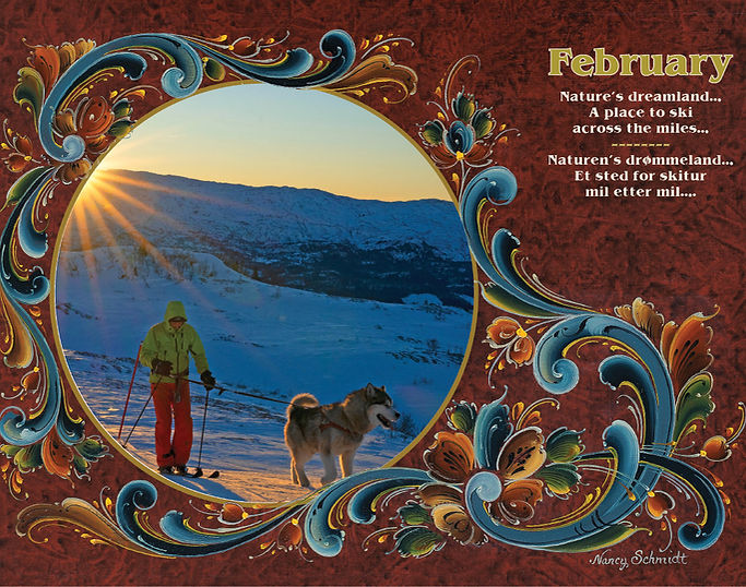 A February page features a person skiing with a dog on a snowy mountain at sunset, bordered by ornate florals. Part of the Visions & Verse - Norway Calendar 2025, it captures the serene beauty of Vikingland Norways winter.