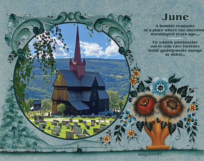 An illustration of a wooden church in Vikingland, Norway, with a cemetery and floral designs reflects on ancestral worship, ideal for the Visions & Verse - Norway Calendar 2025 by Paulstad.