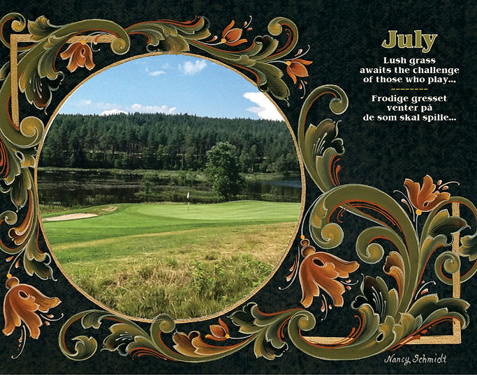 This decorative frame for the Calendar: Visions & Verse - Norway Calendar 2025 features floral patterns around a golf course scene with lush grass, a lake, and hills. The text reads, July: Lush grass awaits the challenge of those who play, reflecting the spirit of the Paulstad Classic.