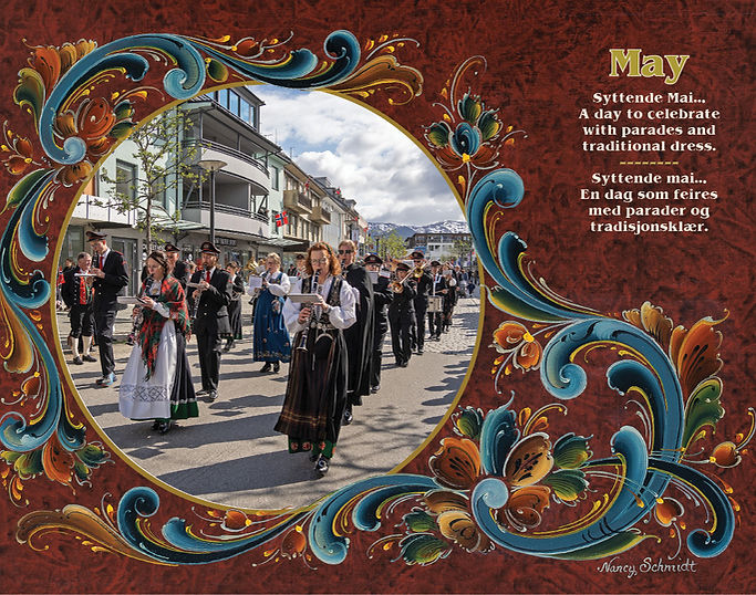 A procession in traditional attire parades along a street of buildings under clear skies, akin to the Paulstad Classic depicted in our Visions & Verse - Norway Calendar 2025, surrounded by a floral border with May and text on Vikingland Norway celebrations.