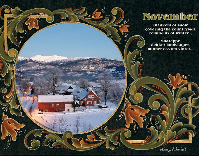 A snowy countryside scene from Vikingland, Norway features cozy houses against a majestic mountain backdrop framed with ornate floral designs. Text reads November with poetic reflections in English and Norwegian, capturing the charm of the 2025 Visions & Verse - Norway wall calendar by Paulstad.