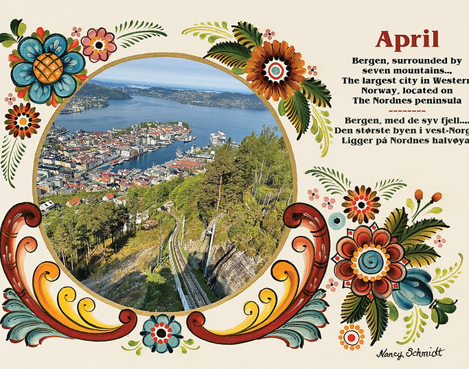 Aerial view of Bergen, Norway, with mountains and water. Floral borders frame text about Bergen as Western Norway’s largest city on the Nordnes peninsula. Ideal for a Visions & Verse - Norway Calendar 2025 capturing Vikinglands essence.