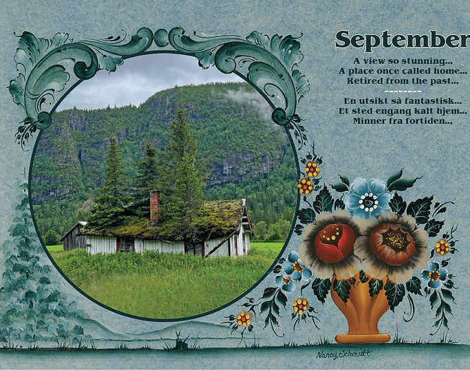 A rustic house with a moss-covered roof stands in a lush green field, surrounded by trees and mountains. This Paulstad Classic scene appears in the 2025 Visions & Verse - Norway Calendar featuring poetic reflections on the past in English and another language.