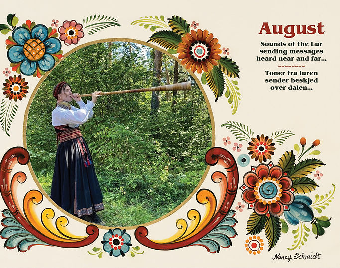 In the depths of the forest, a person in traditional clothing plays a long wooden horn amid vibrant floral designs and August text. This captivating scene from the Visions & Verse - Norway Calendar 2025 evokes tranquility reminiscent of Vikingland Norway.