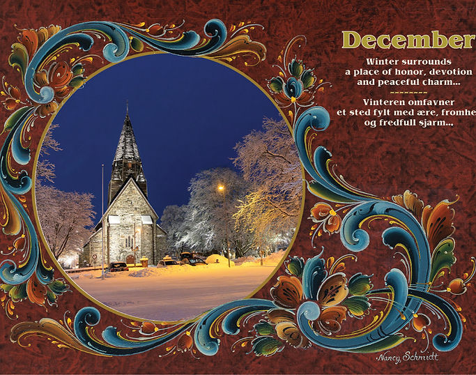 A church in a snowy landscape, adorned with floral patterns from the Paulstad Classic collection, enhances the Visions & Verse - Norway Calendar 2025. Featuring December text in English and Norwegian, it celebrates Vikingland Norways spirit.