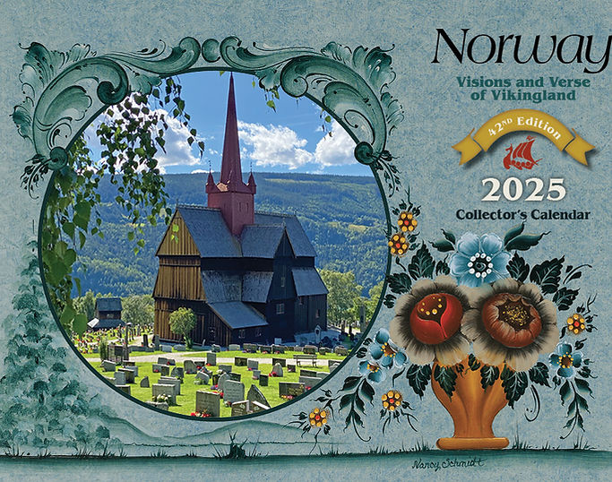 Calendar: Visions & Verse - Norway Calendar 2025 features a wooden stave church with a red spire in stunning mountains and lush cemetery, perfect for any Paulstad Classic collection.