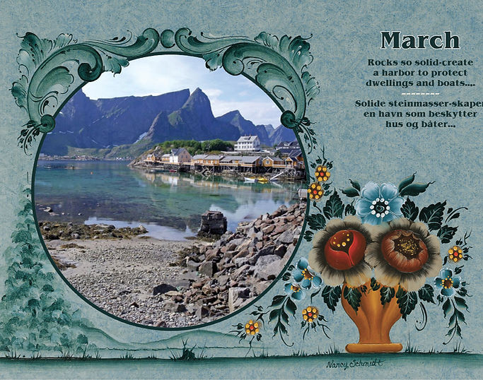 A scenic view of a coastal village in Vikingland, Norway, surrounded by majestic mountains, graces the March page of the 2025 Visions & Verse - Norway Calendar, enhanced by elegant artwork borders.