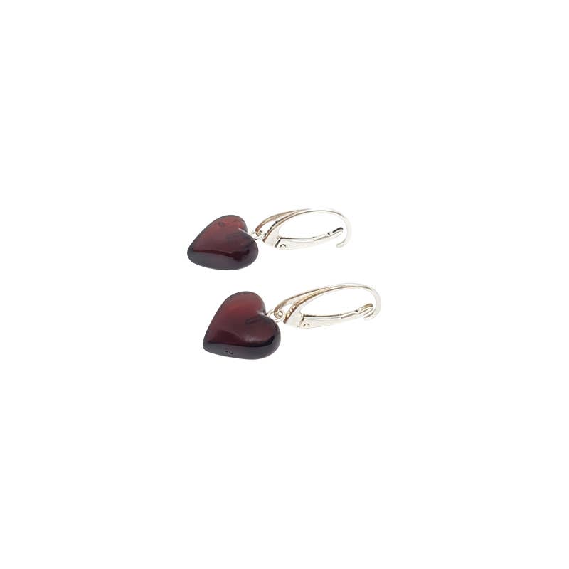 These Heart Cherry Amber Sterling Silver Earrings are perfect for lovers of Baltic Amber jewelry, featuring charming dark red cherry amber set in elegant sterling silver hearts.