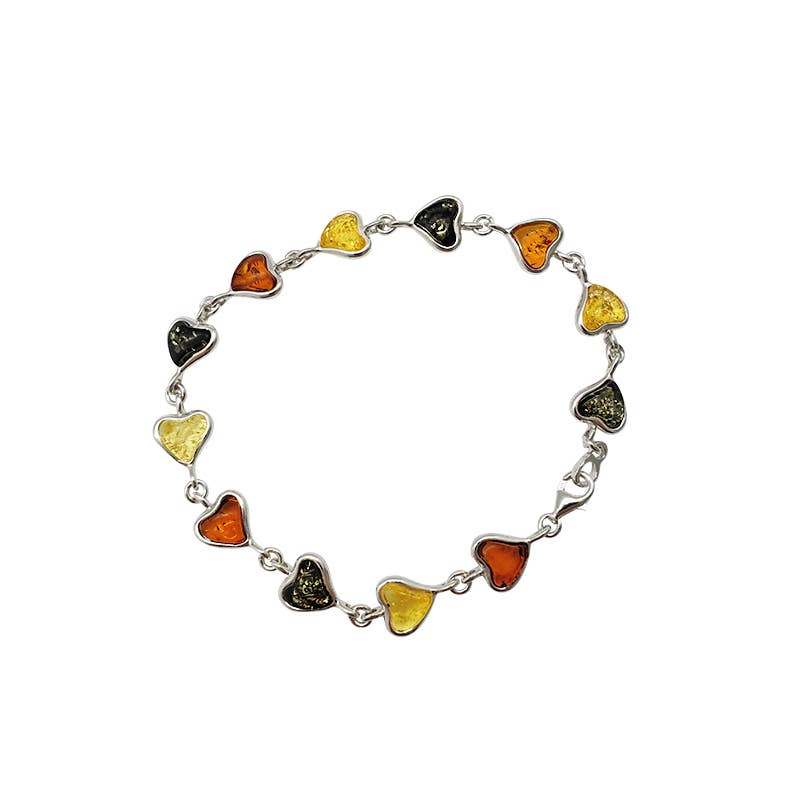 The Multi-Color Amber Sterling Silver Heart Bracelet features heart-shaped links adorned with Genuine Baltic amber and yellow stones.