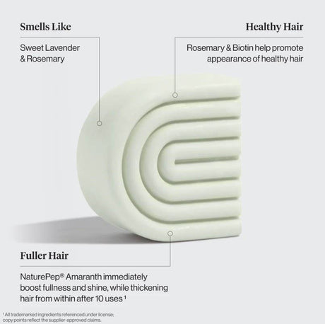 The Kitsh Hair: Rosemary & Biotin Volumizing Shampoo & Conditioner Bar Combo (2 x 2.7oz) offers a white curved bar with lavender and rosemary scent, NaturePep Amaranth for fuller, shinier hair after 10 uses—sulfate free care.