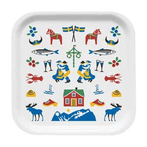 The Tray: Sweden Traditions 32x32cm showcases vibrant Swedish icons like horses, fish, dancers, and moose, embellished with floral and berry patterns that reflect Nordic design.