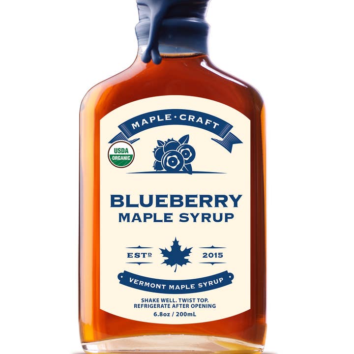 A 6.8 oz bottle of Maple Syrup: Blueberry - Summer Favorites from Maple-Craft is USDA organic, rich in antioxidants, and should be shaken and refrigerated after opening.