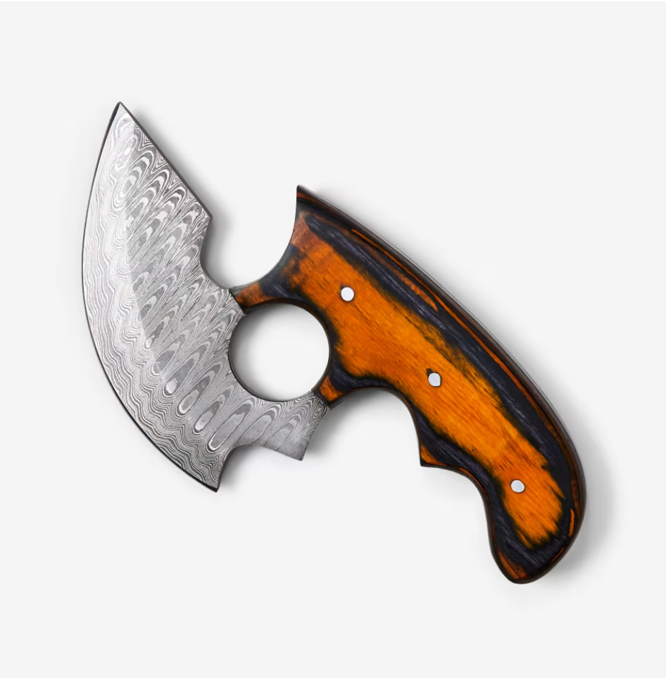 Alaskan Ulu Style Blade knife with a curved, patterned high carbon Damascus steel blade, finger hole, and orange-black wooden ergonomic handle with three rivets.