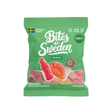 Green bag with images of Swedish gummy candies, labeled as sour mix; visible text notes non-GMO ingredients and absence of trans fats or high fructose corn syrup.