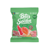 Green bag with images of Swedish gummy candies, labeled as sour mix; visible text notes non-GMO ingredients and absence of trans fats or high fructose corn syrup.