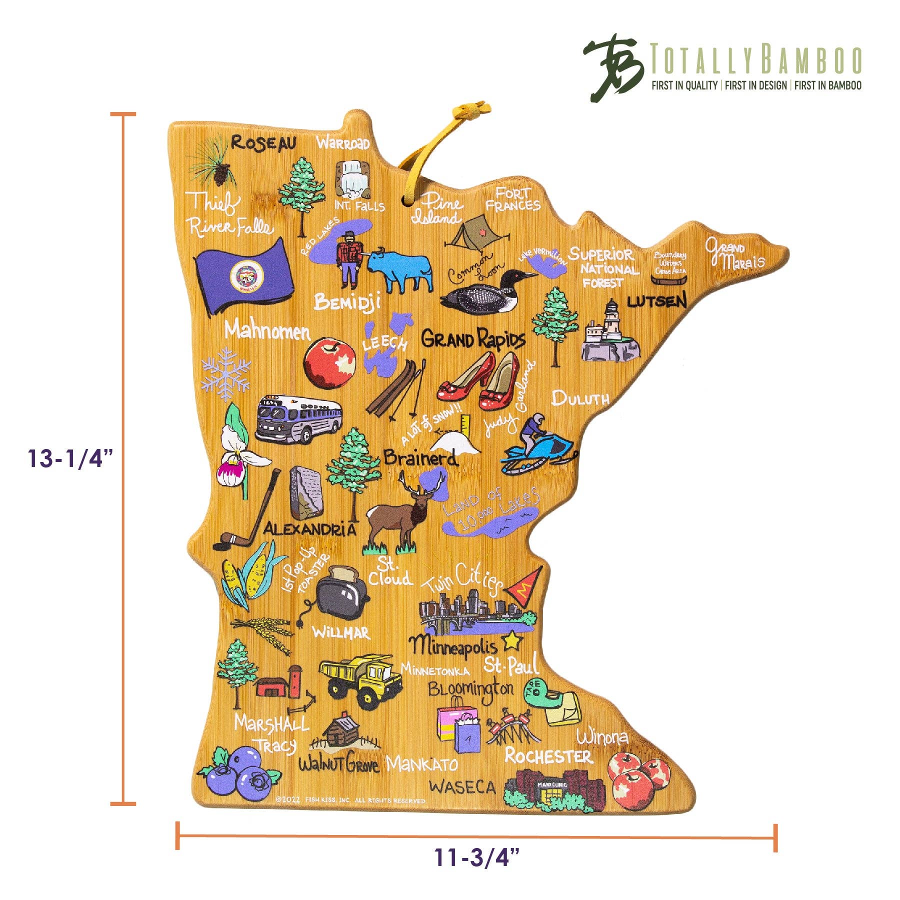 Discover the allure of Minnesota with the Fish Kiss™ designed Minnesota Cutting Board, crafted in a unique state-shaped design. Adorned with intricate illustrations of cities and famous landmarks, it measures 13-1/4 inches high by 11-3/4 inches wide, making it ideal for both culinary use and display!