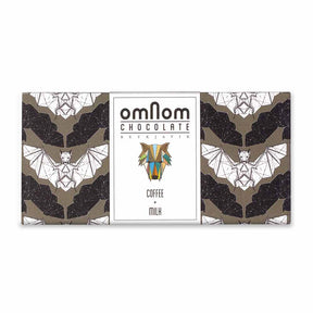 OmNom Coffee and Cream White Chocolate with Coffee 60g features Icelandic chocolate blended with Nicaraguan coffee beans, wrapped in a design with geometric animals and repeated origami bats.