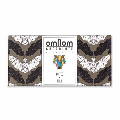 OmNom Coffee and Cream White Chocolate with Coffee 60g features Icelandic chocolate blended with Nicaraguan coffee beans, wrapped in a design with geometric animals and repeated origami bats.